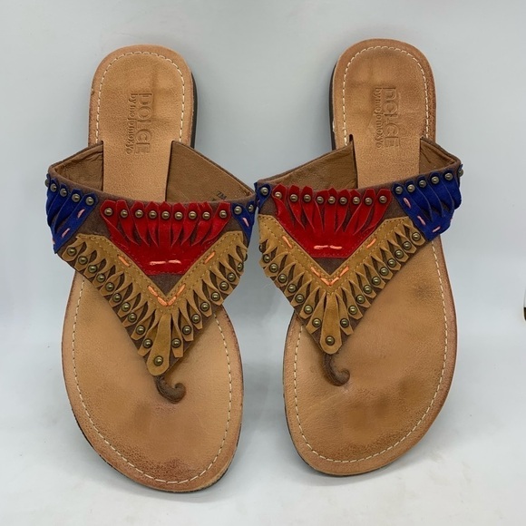 Dolce by Mojomoxy Tan Red Blue Boho Flip Flop Size 7 - Picture 1 of 7